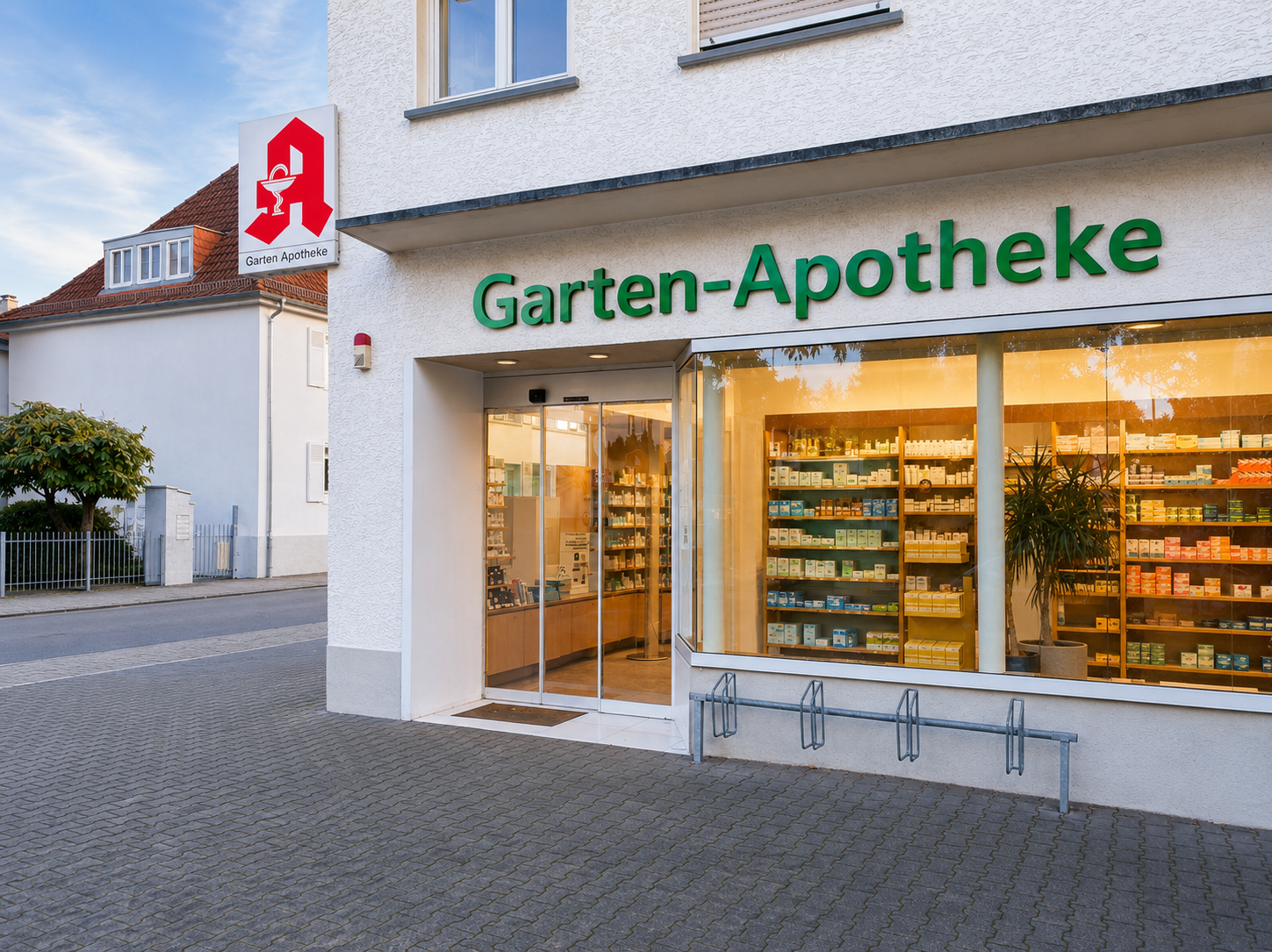Garten-Apotheke in der Gartenstraße 82 mit großer Glasfront, deutlich sichtbarem Eingang und grünem Schriftzug