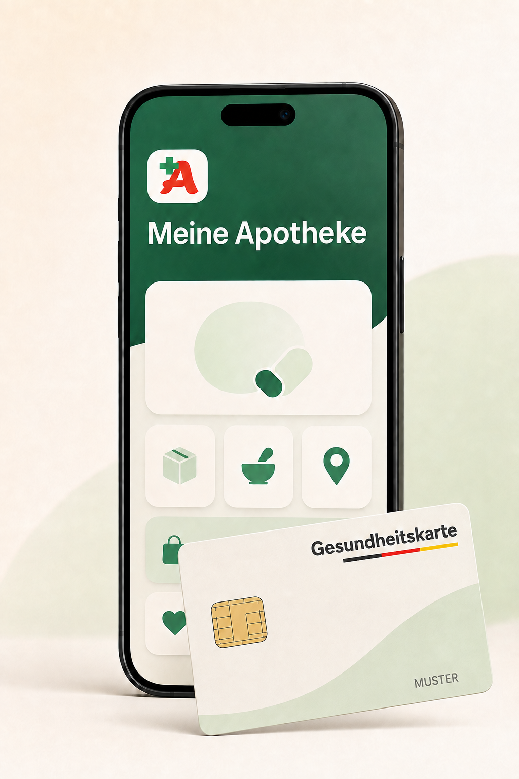 Meine Apotheke App mit einer neutralen Muster-Gesundheitskarte ohne persönliche Daten